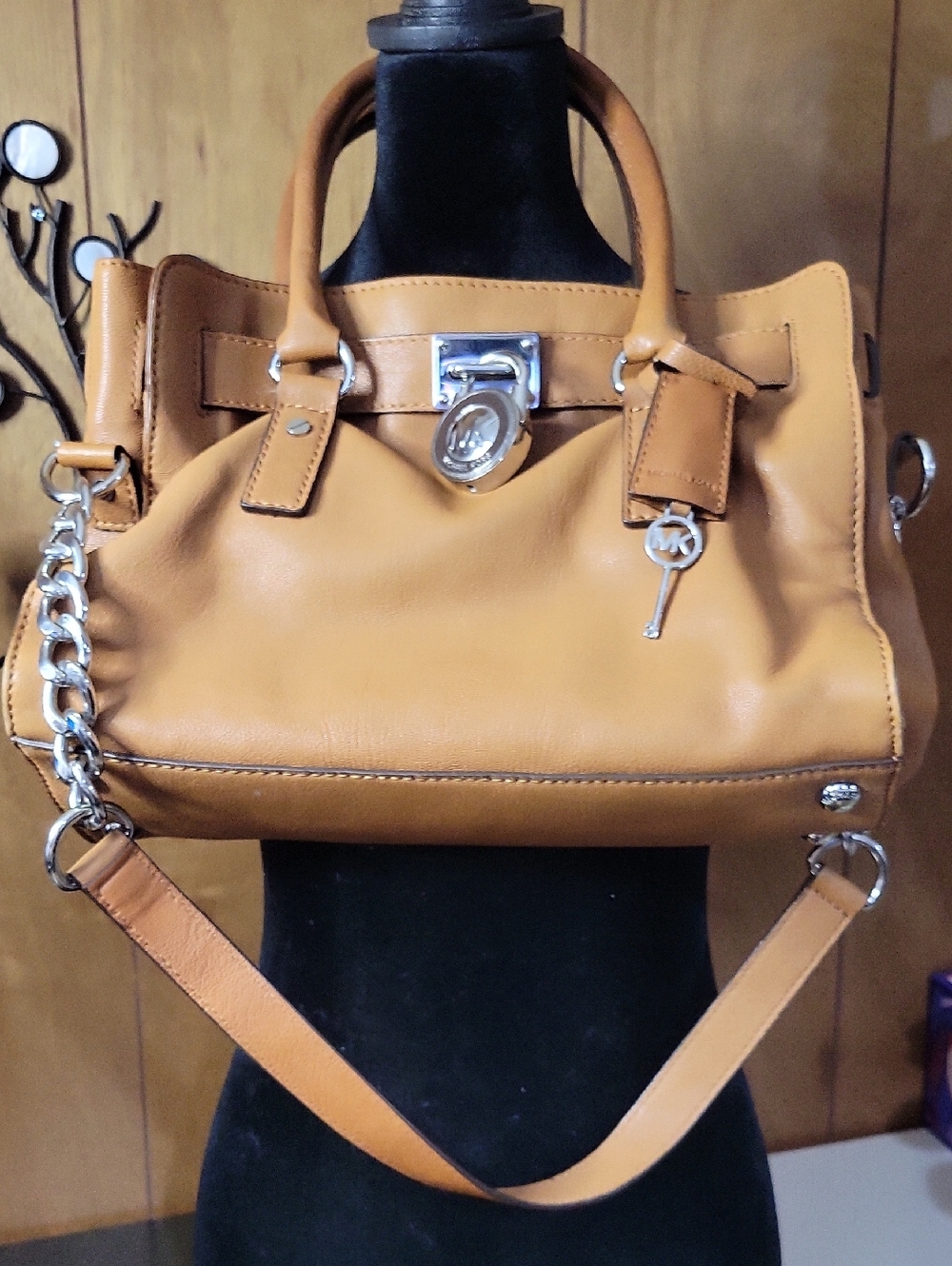 Michael Kors Caramel Leather Satchel with Chain Accent